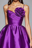 Dark Purple Ruched Satin Homecoming Dress with 3D Flowers