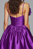Dark Purple Ruched Satin Homecoming Dress with 3D Flowers