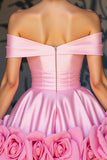 Off The Shoulder Satin Pink Homecoming Dress with 3D Flowers