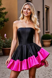 Fuchsia and Black Strapless A Line Homecoming Dress