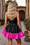 Fuchsia and Black Strapless A Line Homecoming Dress
