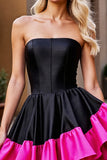 Fuchsia and Black Strapless A Line Homecoming Dress