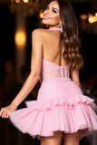 Halter Corset Pink Ruffled Homecoming Dress