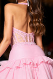 Halter Corset Pink Ruffled Homecoming Dress
