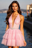 Tiered Halter Corset Pink Homecoming Dress