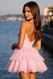 Tiered Halter Corset Pink Homecoming Dress