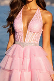 Tiered Halter Corset Pink Homecoming Dress