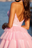 Tiered Halter Corset Pink Homecoming Dress