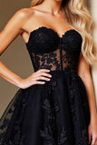 Strapless Black Appliqued Homecoming Dress