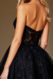 Strapless Black Appliqued Homecoming Dress