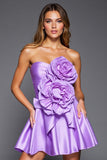 Strapless Purple Ruched Homecoming Dress with 3D Flowers