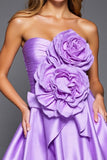 Strapless Purple Ruched Homecoming Dress with 3D Flowers