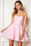 Floral Strapless Pink Homecoming Dress with Appliques