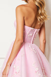 Floral Strapless Pink Homecoming Dress with Appliques