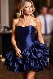 Tiered Strapless Navy Ruffled Homecoming Dress