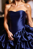 Tiered Strapless Navy Ruffled Homecoming Dress