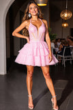 Halter Tiered Corset Pink Homecoming Dress