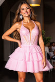 Halter Tiered Corset Pink Homecoming Dress