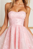 Strapless Floral Pink Homecoming Dress with Appliques