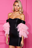 Off The Shoulder Black and Pink Ruffled Homecoming Dress