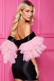 Off The Shoulder Black and Pink Ruffled Homecoming Dress