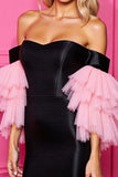 Off The Shoulder Black and Pink Ruffled Homecoming Dress