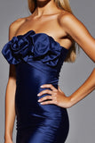 Navy Strapless Ruffled Satin Homecoming Dress