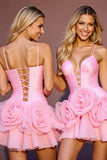 Ruched Pink A Line Homecoming Dress with 3D Flowers