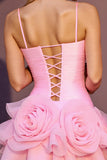 Ruched Pink A Line Homecoming Dress with 3D Flowers
