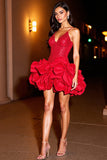 Tiered Ruffled Red Homecoming Dress with Sequins