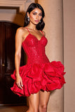 Tiered Ruffled Red Homecoming Dress with Sequins