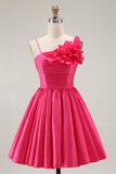 Ruched Fuchsia Satin Homecoming Dress with 3D Flowers