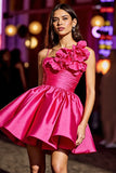 Ruched Fuchsia Satin Homecoming Dress with 3D Flowers