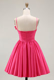Ruched Fuchsia Satin Homecoming Dress with 3D Flowers