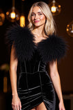Velvet Black Tight Homecoming Dress with Feathers