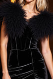 Velvet Black Tight Homecoming Dress with Feathers
