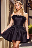 Strapless Black Homecoming Dress with Feathers