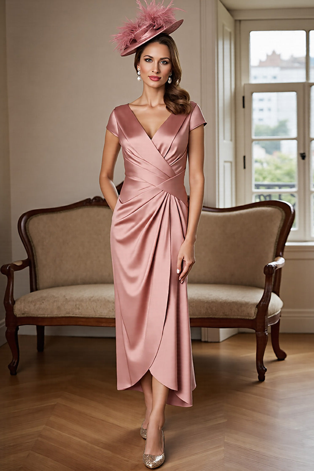 Berylove Women Dusty Rose Mother of the Bride Dress Satin Sheath Short Sleeve Ruched V-Neck Wedding Guest Dress, Dusty Rose / US4 Berylove Women Dusty Rose Mother of the Bride Dress Satin Sheath Short Sleeve Ruched V-Neck Wedding Guest Dress, Dusty Rose / US4
