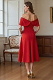 Red Off The Shoulder A Line Formal Dress with Bow