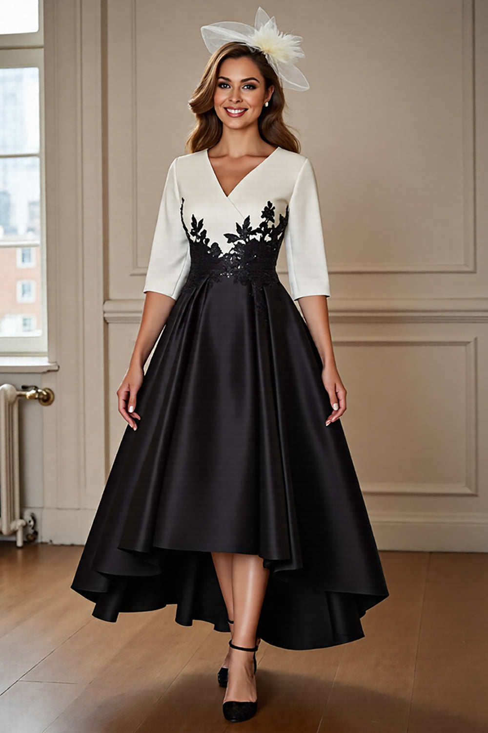 Berylove Women Black Mother Of The Bride Dress A Line Appliqued Half Sleeve High-Low V-Neck Wedding Guest Dress, Black / US4 Berylove Women Black Mother Of The Bride Dress A Line Appliqued Half Sleeve High-Low V-Neck Wedding Guest Dress, Black / US4