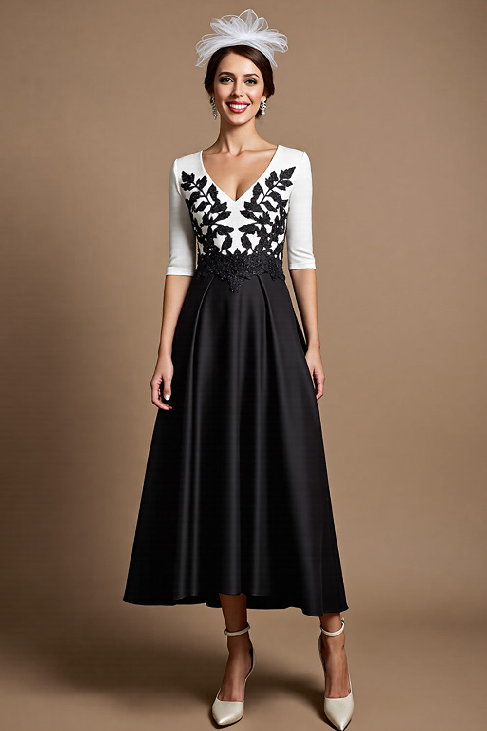Berylove Women A Line Mother Of The Bride Dress Black Appliqued Half Sleeve V-Neck Midi Wedding Guest Dress, Black / US20W Berylove Women A Line Mother Of The Bride Dress Black Appliqued Half Sleeve V-Neck Midi Wedding Guest Dress, Black / US20W