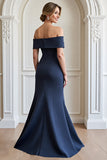 Navy Off The Shoulder Mermaid Appliqued Formal Dress