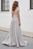 Silver A Line Ruched Long Mother of the Bride Dress