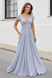 Silver A Line Ruched Long Mother of the Bride Dress