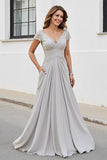 Silver A Line Ruched Long Mother of the Bride Dress