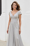 Silver A Line Ruched Long Mother of the Bride Dress