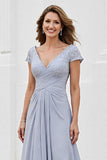 Silver A Line Ruched Long Mother of the Bride Dress