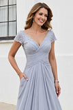 Silver A Line Ruched Long Mother of the Bride Dress
