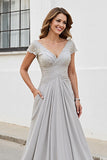 Silver A Line Ruched Long Mother of the Bride Dress
