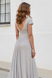 Silver A Line Ruched Long Mother of the Bride Dress